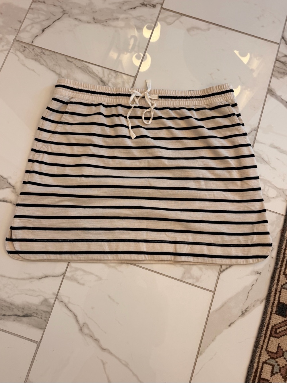 LOFT Black & Cream Striped Drawstring Mini Skirt